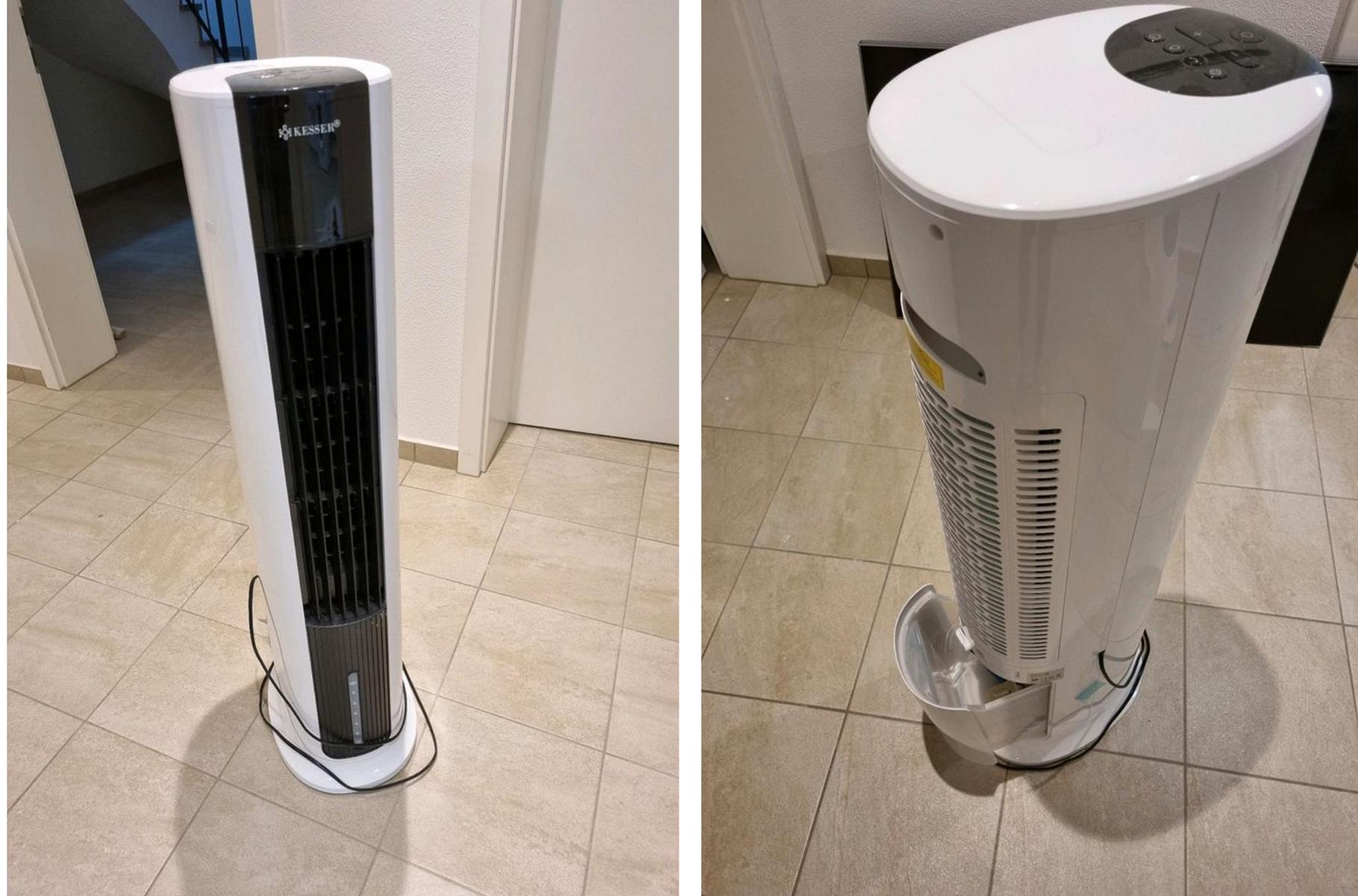 Der Kesser Tower Luftkühler steht auf einem Laminatboden im Flur.